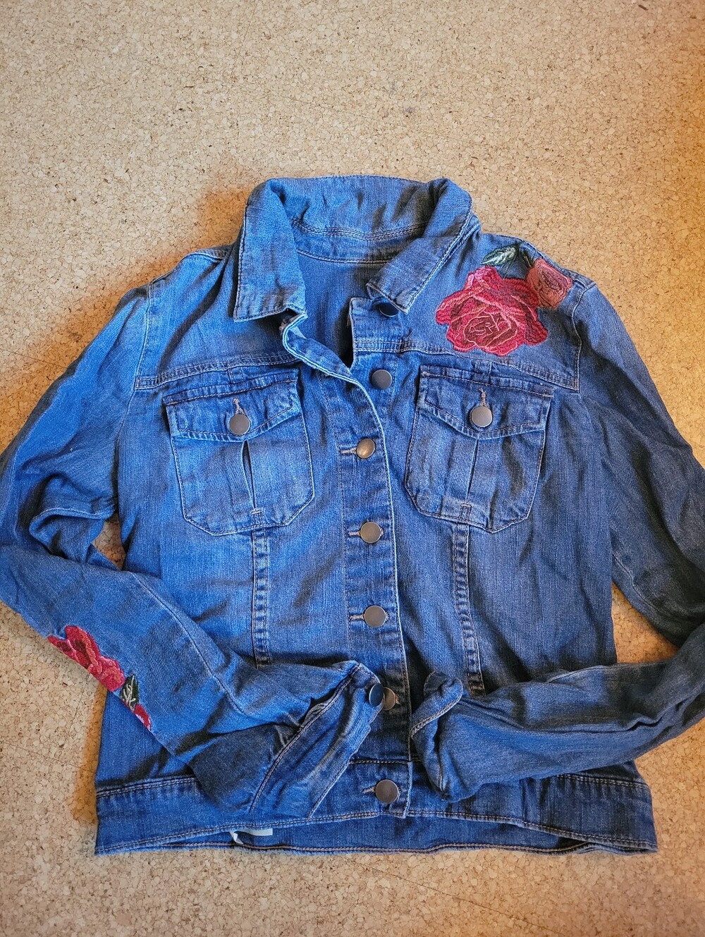 Kut from the Kloth Blue Denim Jacket with Rose Embroidery